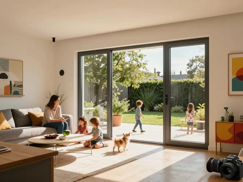 Stylisches Zuhause mit fenster schüco Fenstern, die natürliches Licht hereinlassen, Familie genießt den gemütlichen Wohnraum.