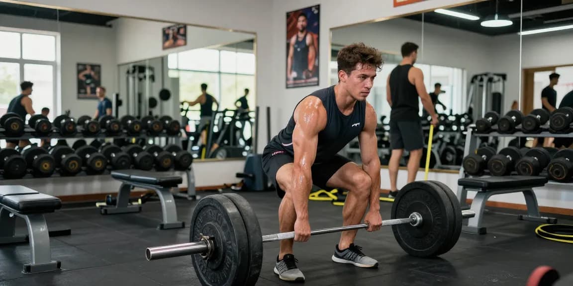 Bodybuilder im Steroidshop beim Training, hebt Gewichte in modernem Fitnessstudio.