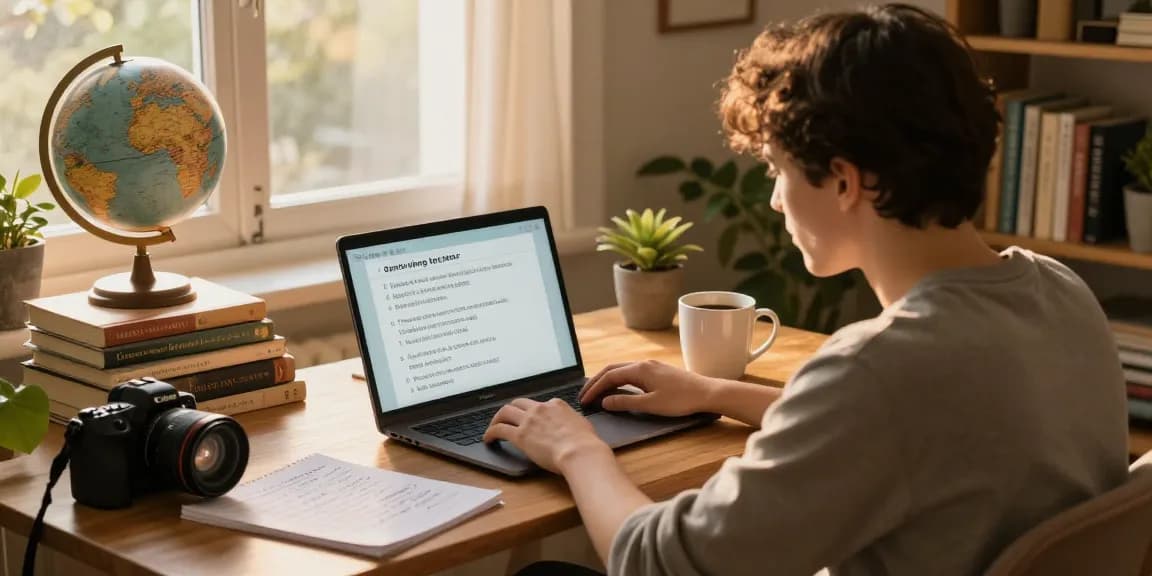 Engaging home study scene with a young adult testing their Quiz Allgemeinwissen skills online, showcasing a cozy learning atmosphere.