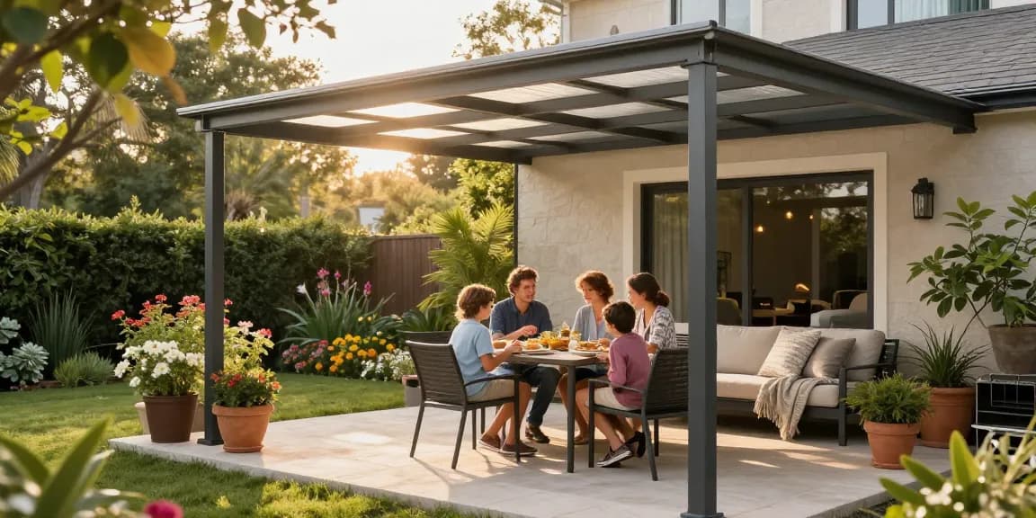 Moderne Terrassenüberdachungen in einem einladenden Garten mit Familienessen.