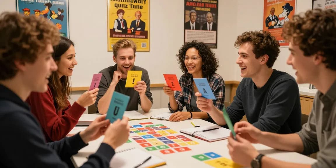 Quiz Allgemeinwissen mit Freunden in einer lebhaften Umgebung, Spaß und interaktive Atmosphäre.