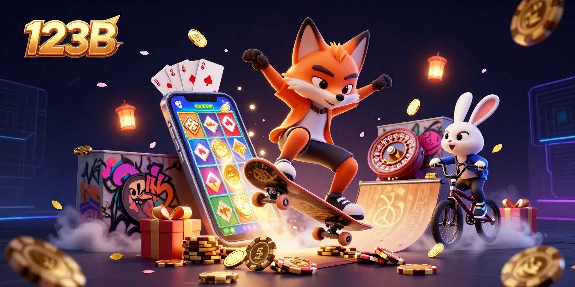 Experience thrilling moments at 123B with the cartoon skateboarding fox and rabbit amidst casino elements.