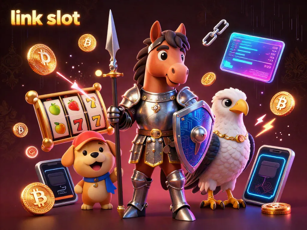 Experience the thrill of slot machines with link slot showcasing a knight, squire, and falcon amid engaging casino elements.