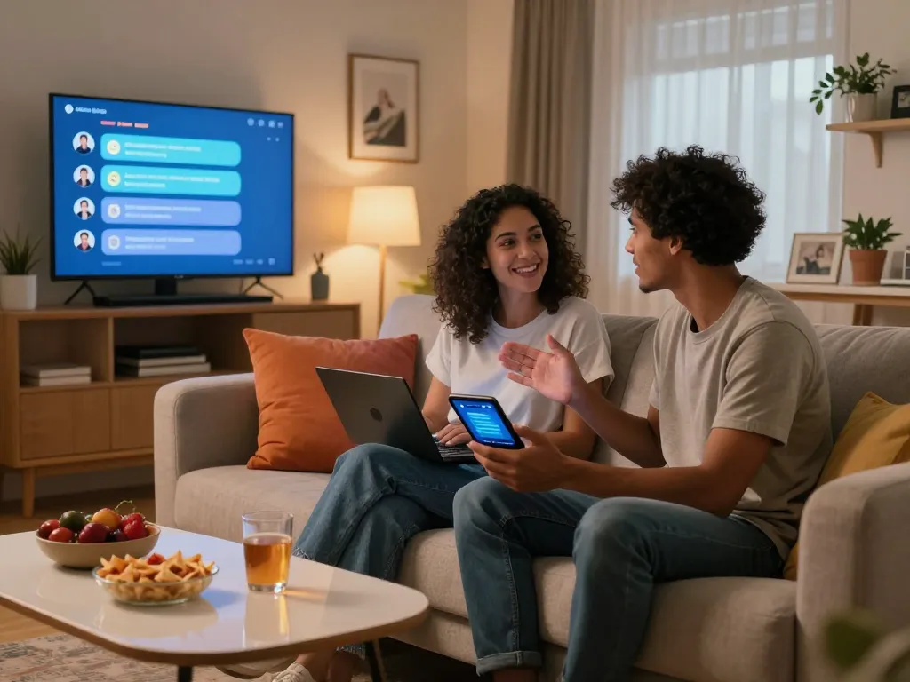 Couple engaging in sex AI chat on smart devices, cozy home setting.