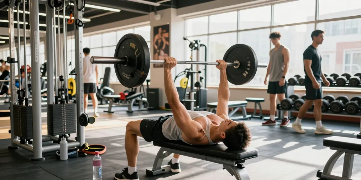 Leistungsstarker Bodybuilder im Anabolikashop beim Bankdrücken im modernen Fitnessstudio mit motivierender Atmosphäre.