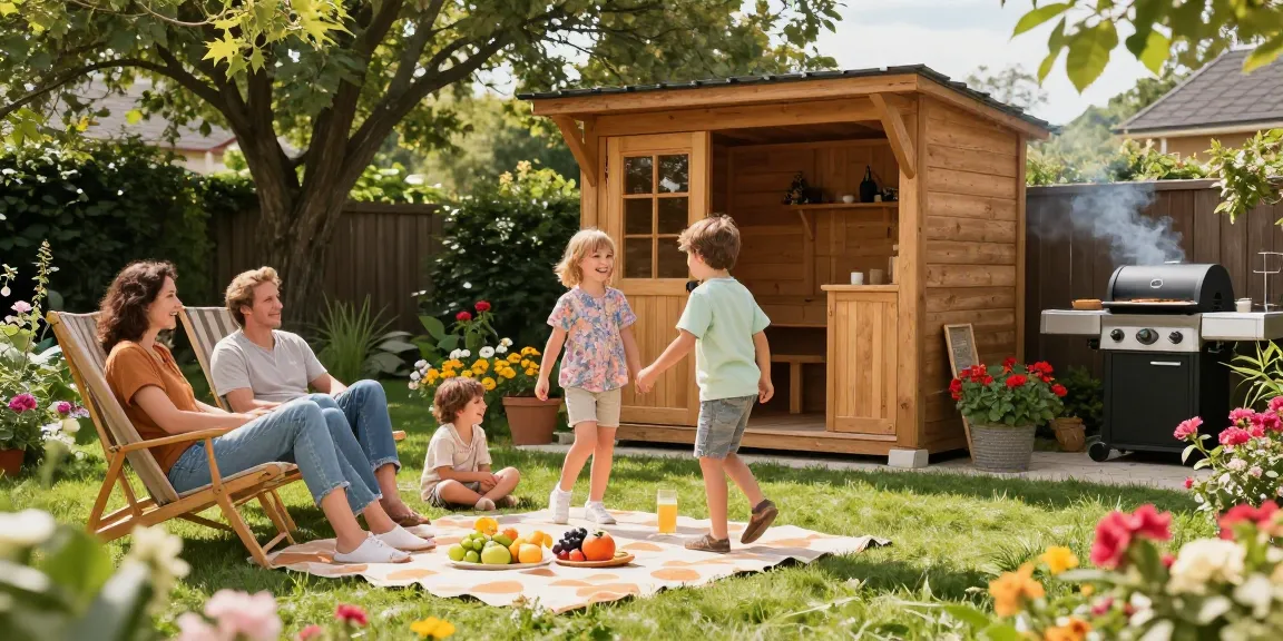 Familie genießt den Garten mit einem wunderschönen Gartenhaus und frischen Früchten auf der Decke.
