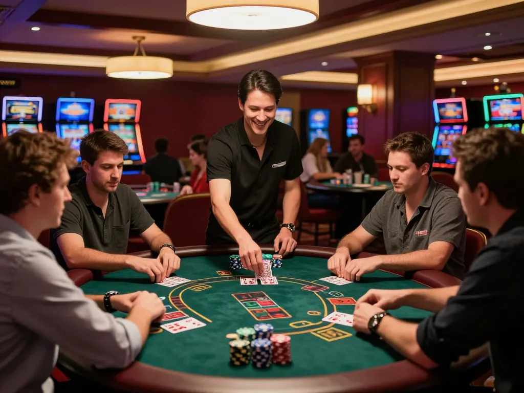 F168 players engaged at a blackjack table, focus on strategic decisions in vibrant casino ambiance.