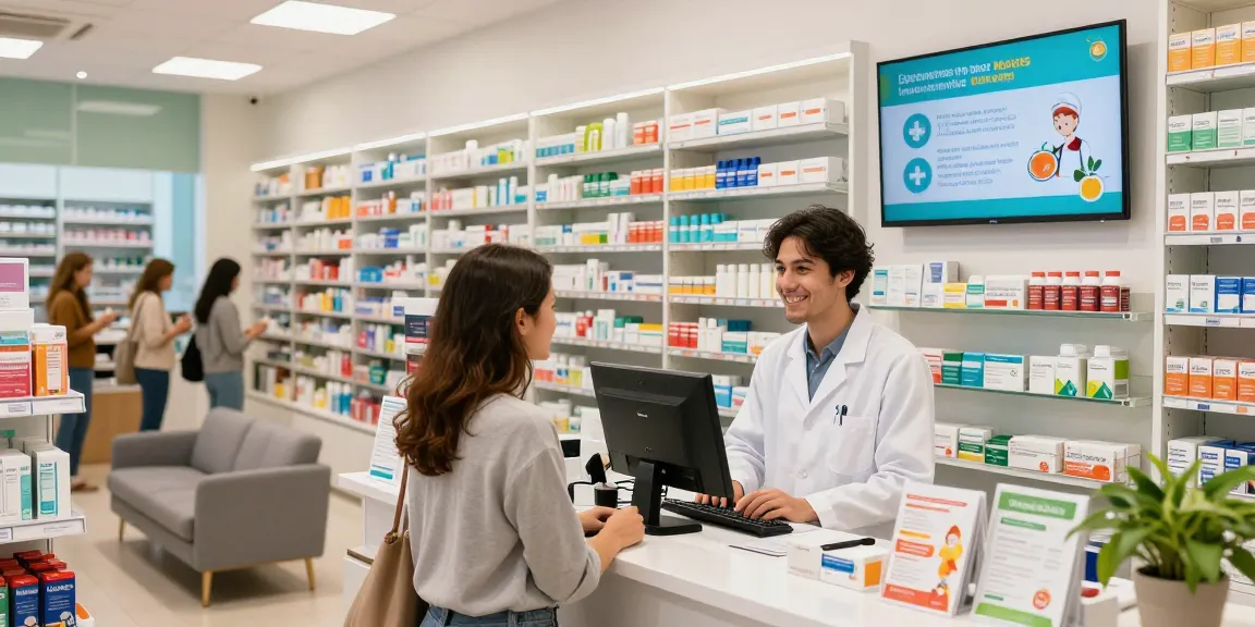 Im Selliza Pharma Shop hilft ein Apotheker freundlich einem Kunden an der Theke, umgeben von Gesundheitsprodukten.