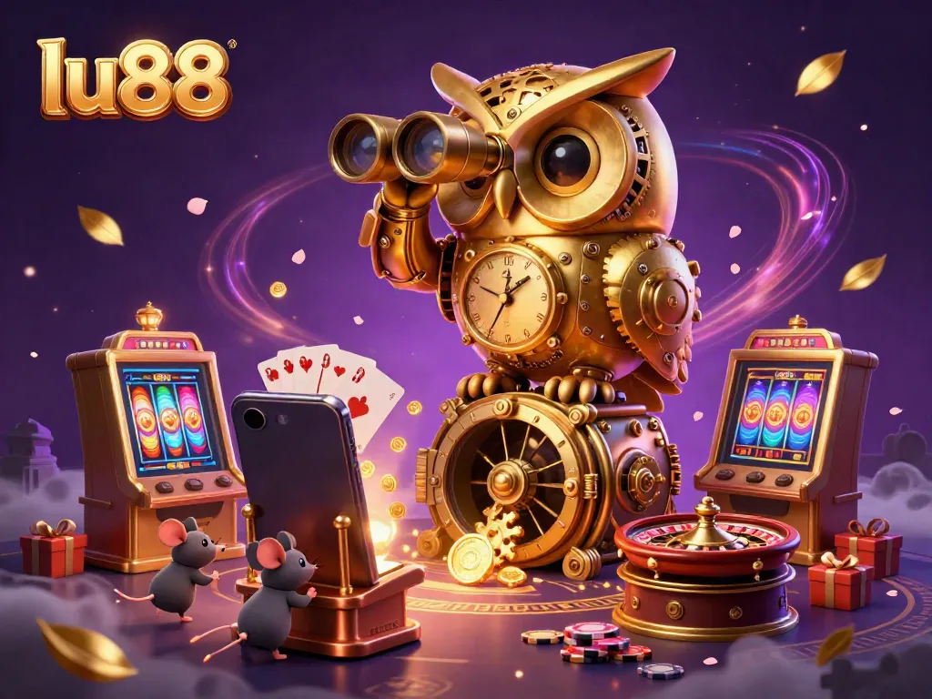 Experience excitement with lu88 in a vibrant casino setting featuring a golden owl and wind-up mice among slot machines.