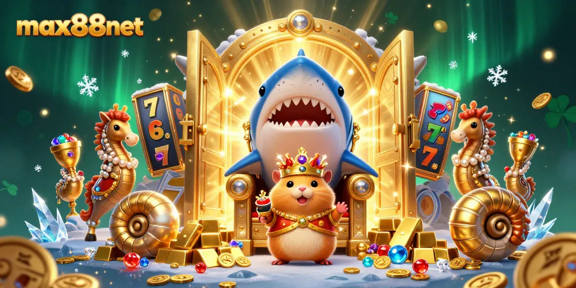 Engage in thrilling wins at max88net, featuring a fierce hamster king amidst treasure and vibrant slot games.