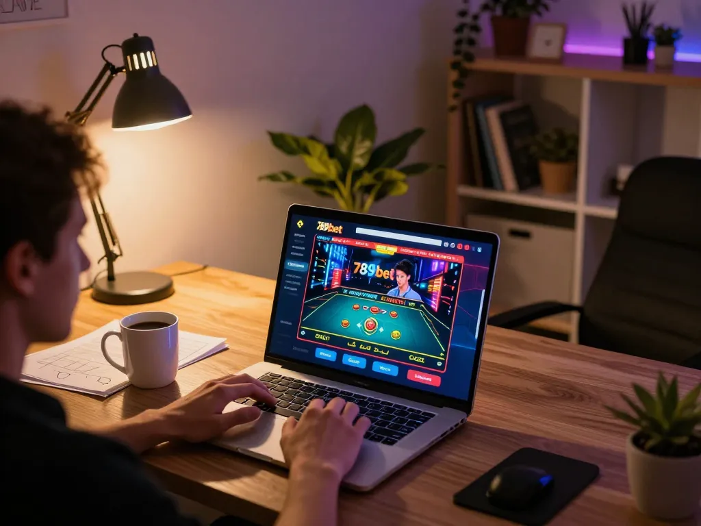 Engaged player using 789bet online gaming setup, featuring live casino game on laptop