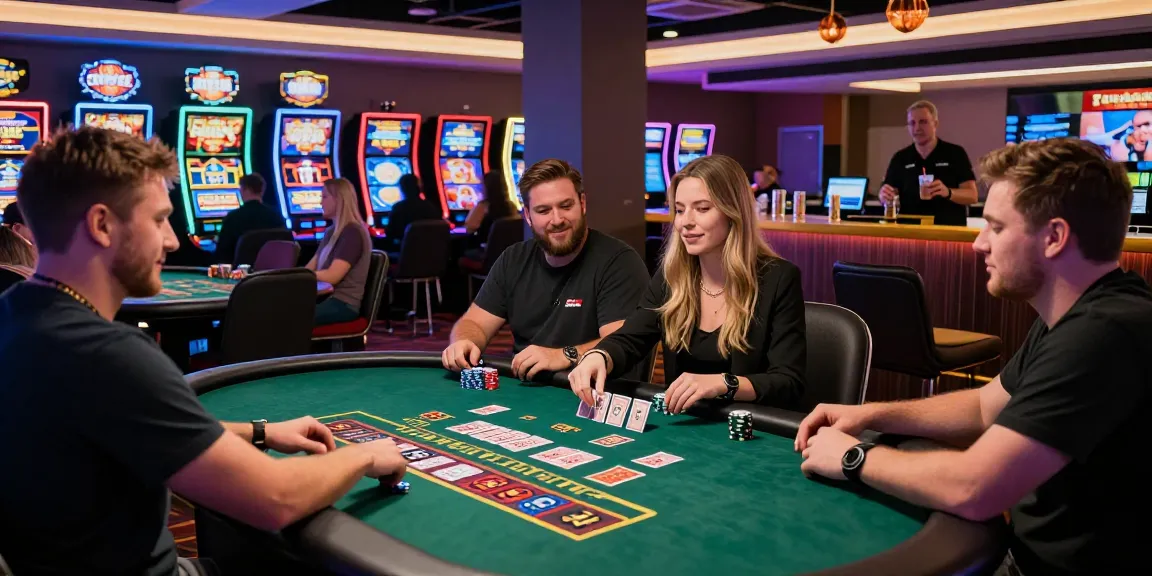 Players enjoying a live casino experience at Godzz Casino DE, featuring blackjack tables and vibrant slot machines.