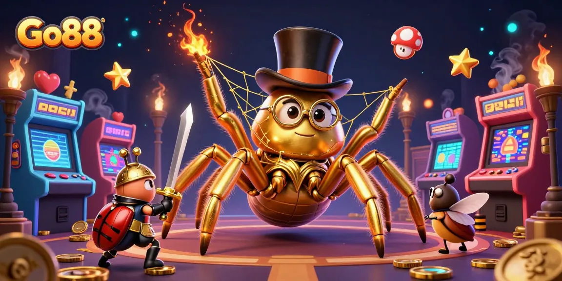 Engage with Go88's thrilling casino experience illustrated through a vibrant scene featuring a golden tarantula, knight, and arcade elements.
