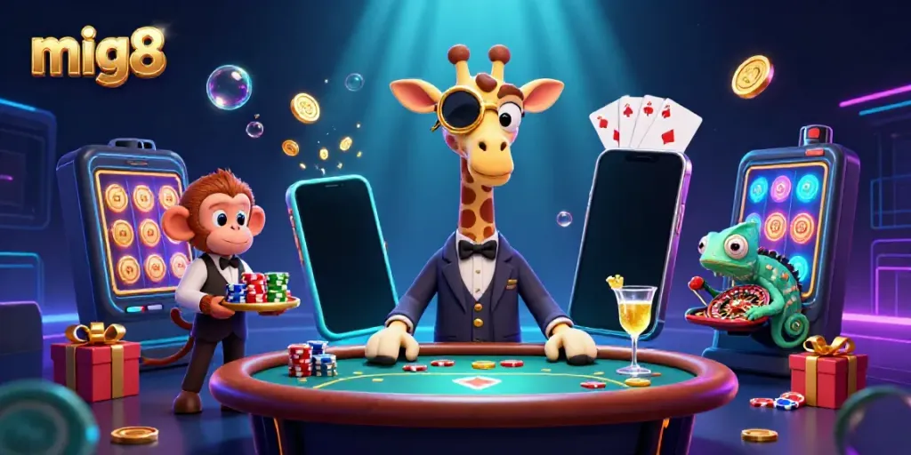 Experience the excitement of mig8 with a cartoon giraffe, monkey valet, and chameleon bartender at a vibrant casino scene.