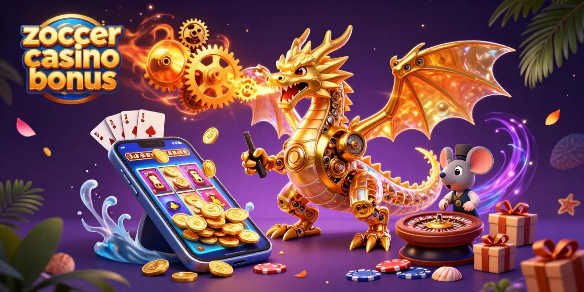 Experience the thrill of Zoccer Casino Bonus with vibrant slot games and gold coins in an engaging scene.