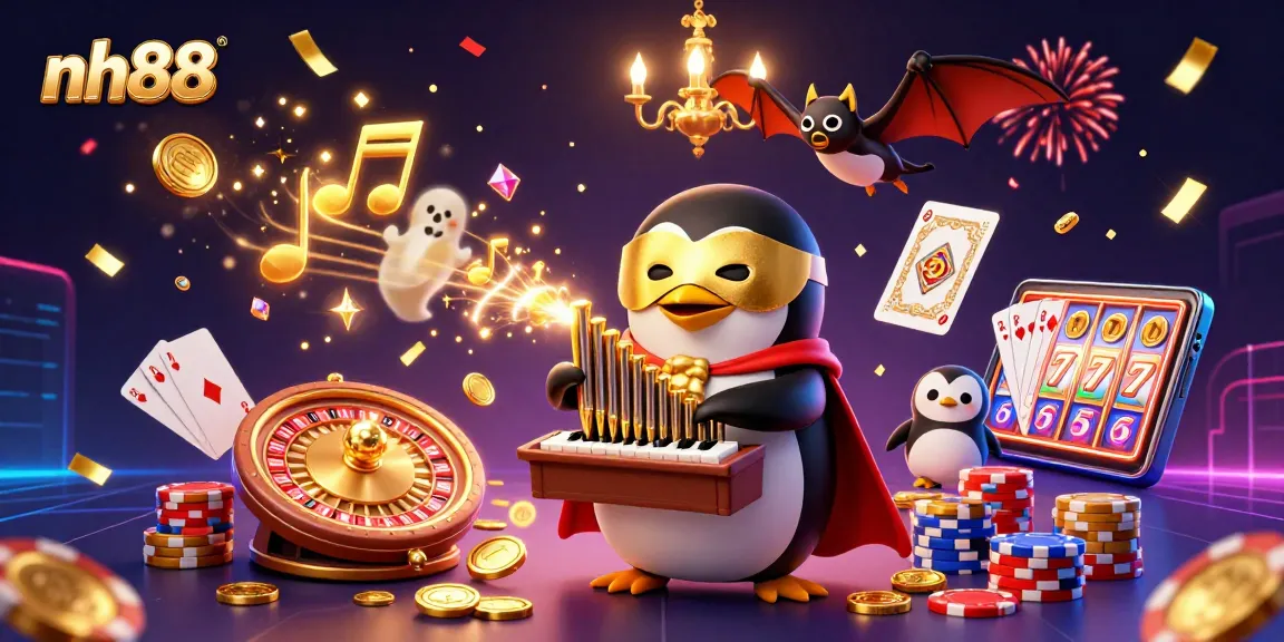 Experience the excitement of nh88 with a 3D illustration of a penguin playing an organ, surrounded by casino elements.
