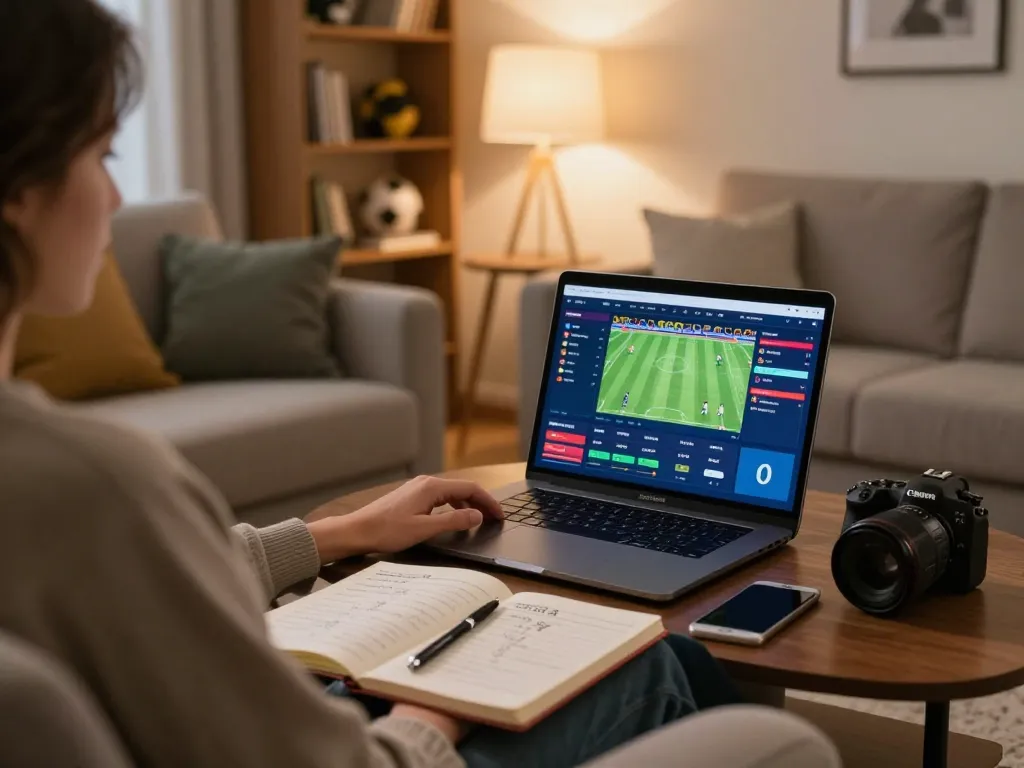 Engaging scene of sports betting at home on a laptop, showcasing trang cá cược bóng đá strategies.
