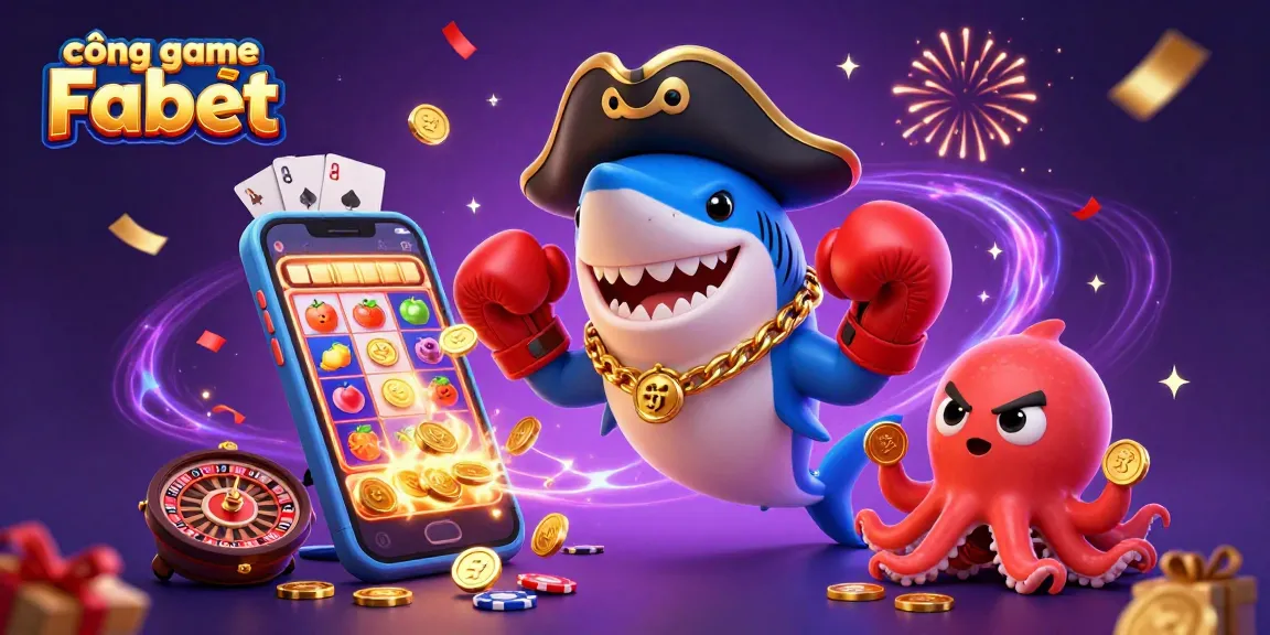 Engage with cổng game Fabet featuring a cartoon pirate shark, pufferfish, and octopus amid dynamic casino elements.