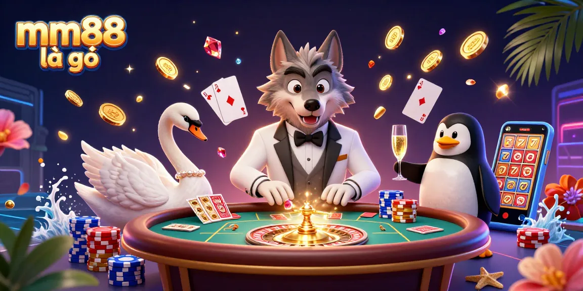 Experience the excitement of MM88 là gì with vibrant casino action featuring characters and game elements.