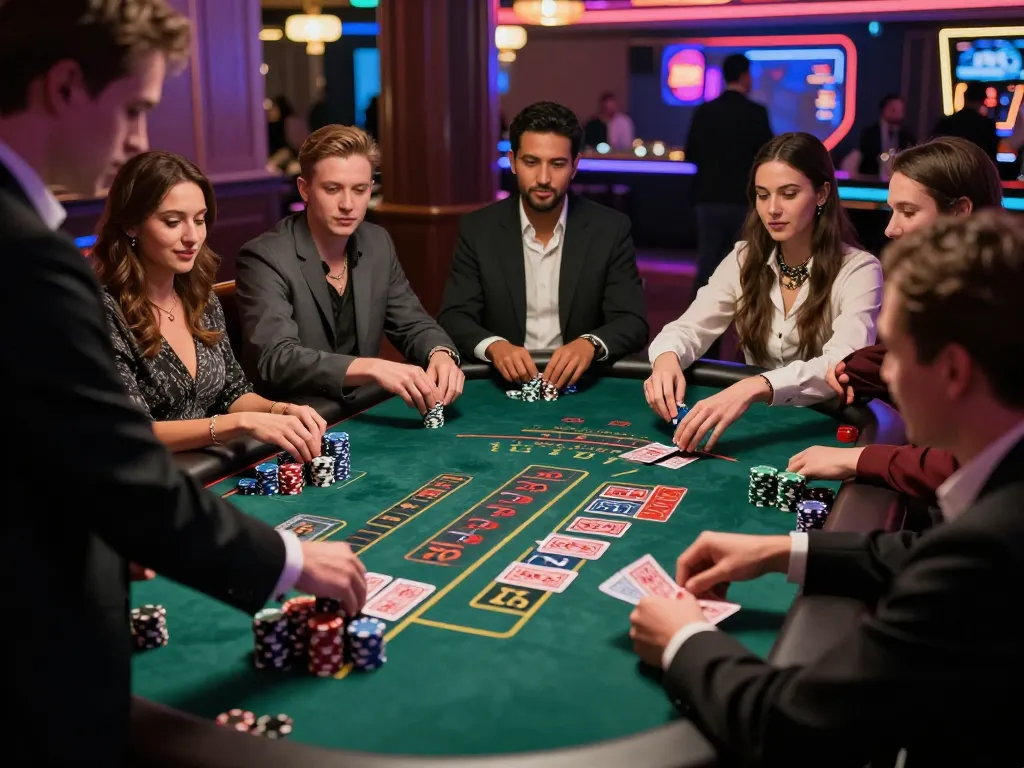 Players at a blackjack table in the casino enthusiastically placing bets and counting chips in an engaging sc88 gaming experience.