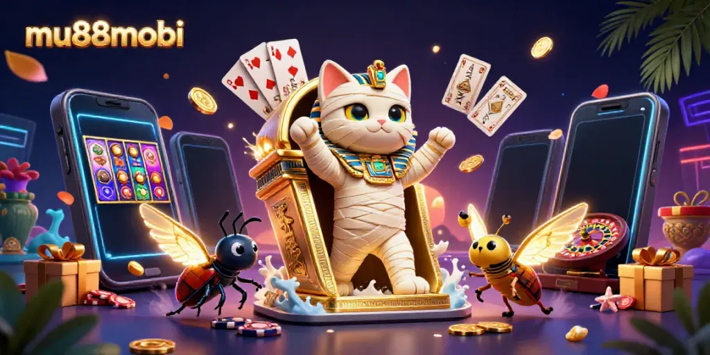 Experience the thrills of mu88mobi with a vibrant 3D casino adventure featuring a mummy cat and glowing scarab.