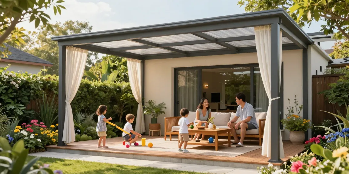 Freistehende Terrassenüberdachung im Garten, Familienzeit unter dem Dach.