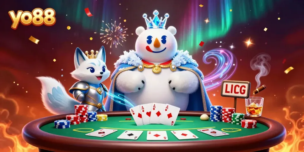 Experience the excitement of yo88 with a colorful poker scene featuring an ice king polar bear and snow fox.