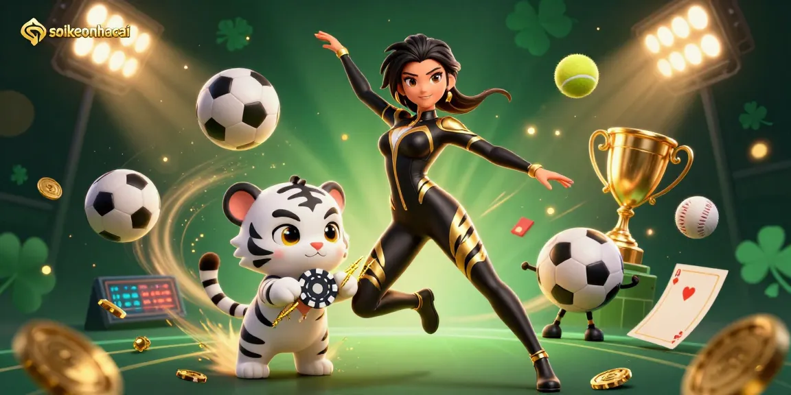 Bet on exciting sports action with soikeonhacai, capturing a thrilling moment of a woman in a dynamic pose with a baby tiger and sports elements.