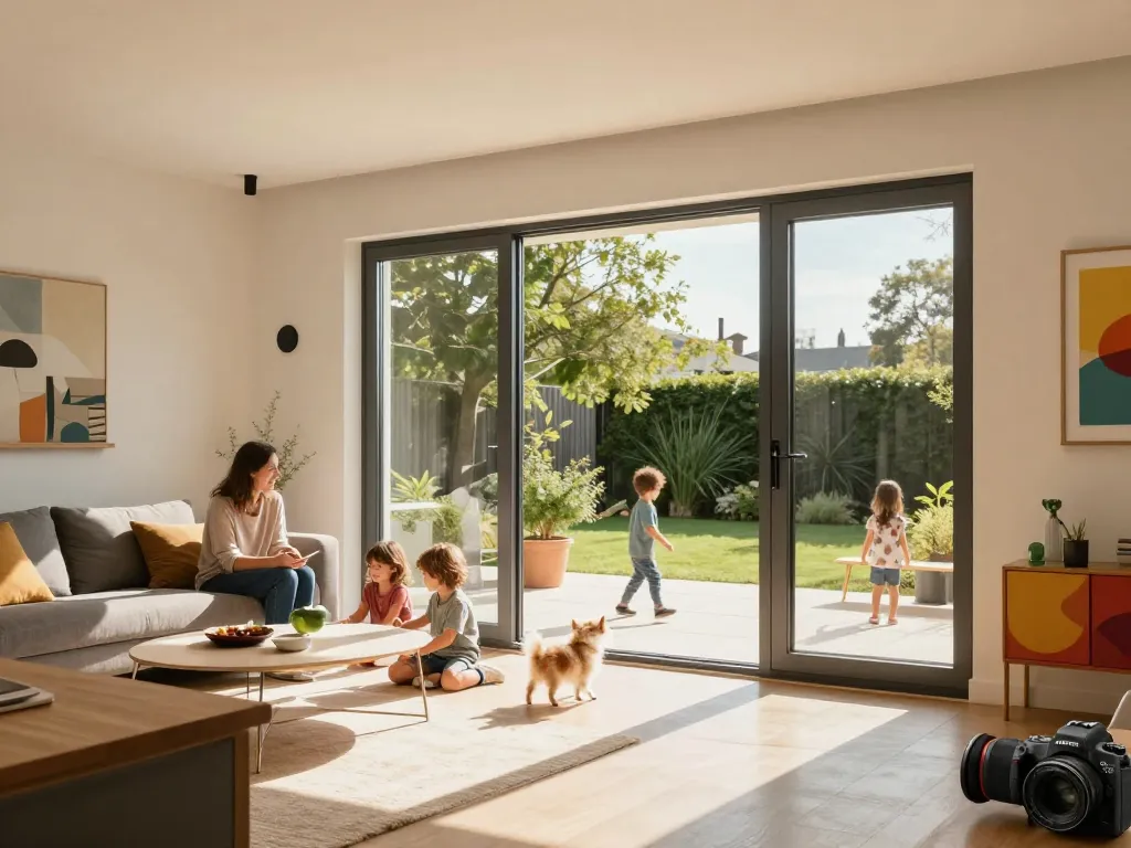 Stylisches Zuhause mit fenster schüco Fenstern, die natürliches Licht hereinlassen, Familie genießt den gemütlichen Wohnraum.