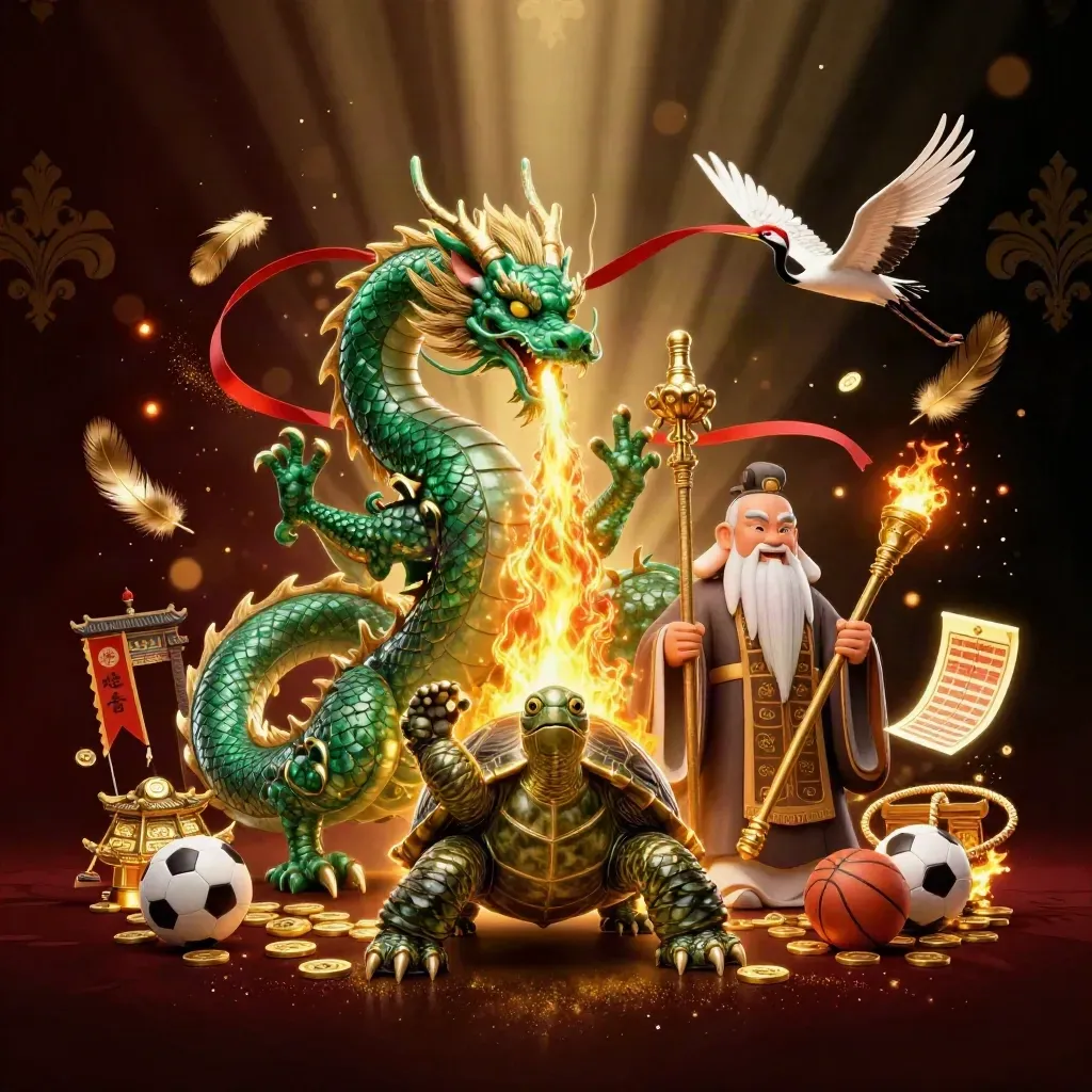 Emeraldgrüner Drache, Schildkröte und Kraniche, Gold, Tempeltor, Casino-Licht, dunkler Luxuslook.