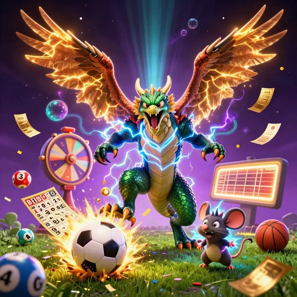 Drachen, Falke und Maus um einen fliegenden Fußball, mit Casino-Elementen und Neonlicht.