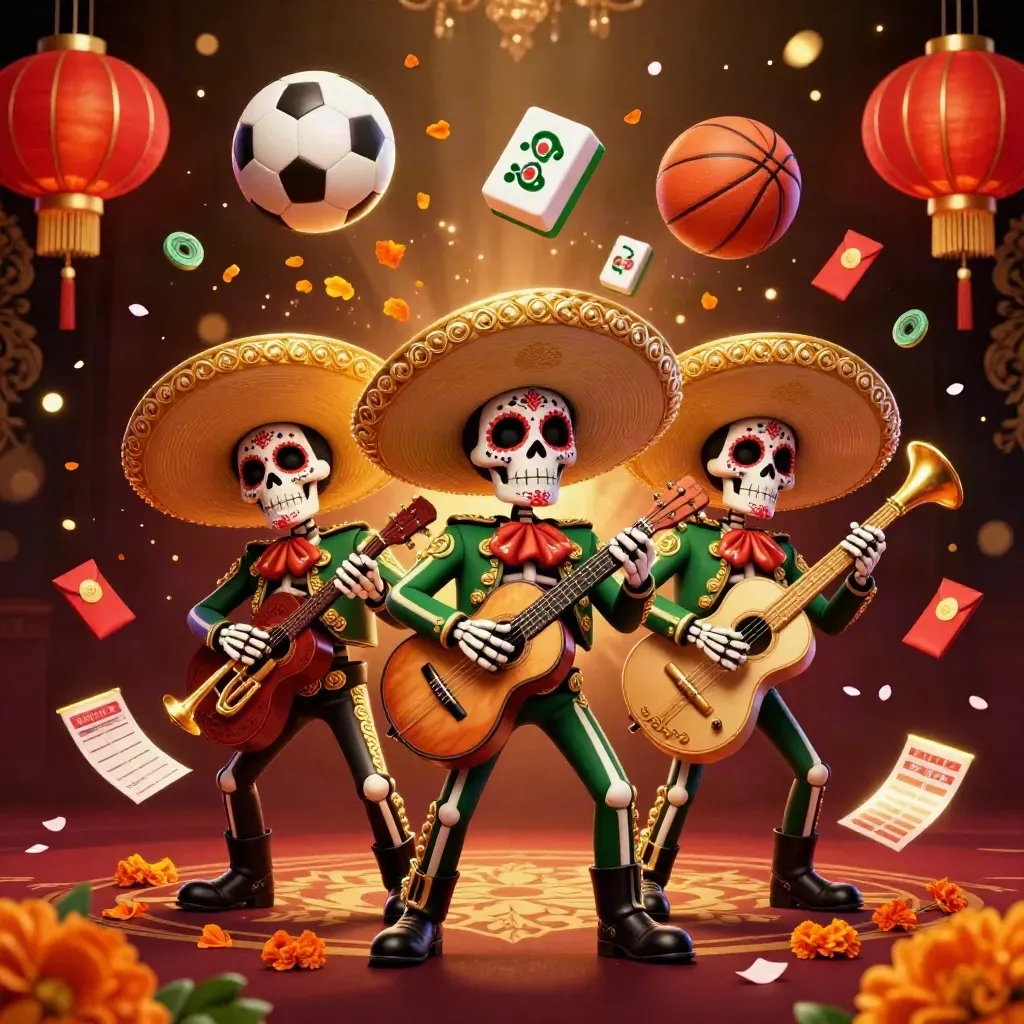Drei Skelett-Mariachis, Poker- und Casinodetails, fliegende Münzen und goldene Lichter.
