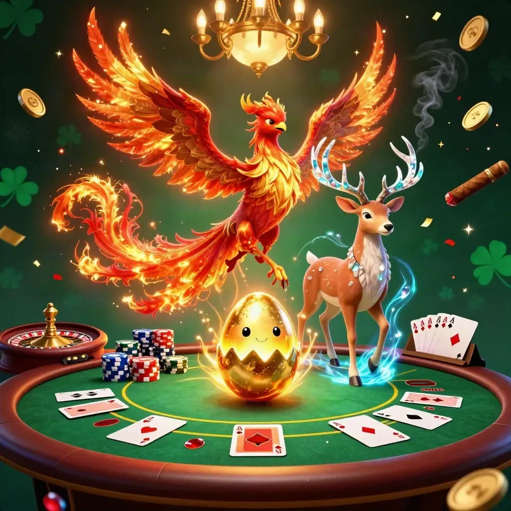 Feuerphönix, Hirsch und Babyphönix über grünem Pokertisch mit Casino-Licht
