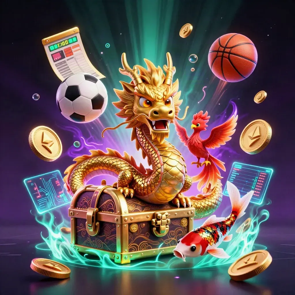 Goldener Drache mit Koi, Phoenix, Coins und Sportbällen vor dunklem Casino-Hintergrund
