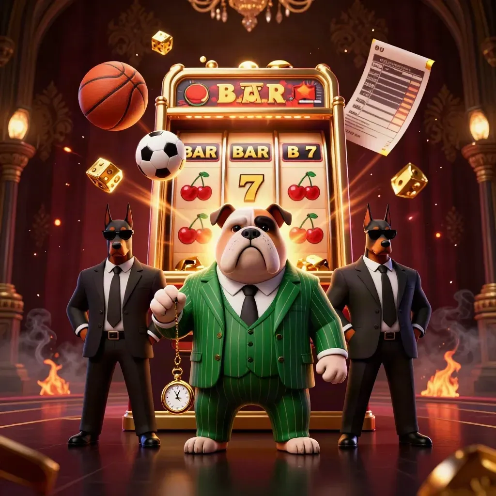 Mafiabulldogge und Dobermänner vor explodierender Slotmaschine im gold-roten Casino-Look