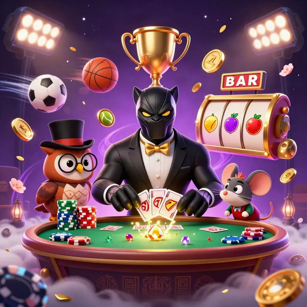 Panther, Eule und Maus als Casino-Helden mit Karten, Chips und goldenen Effekten.