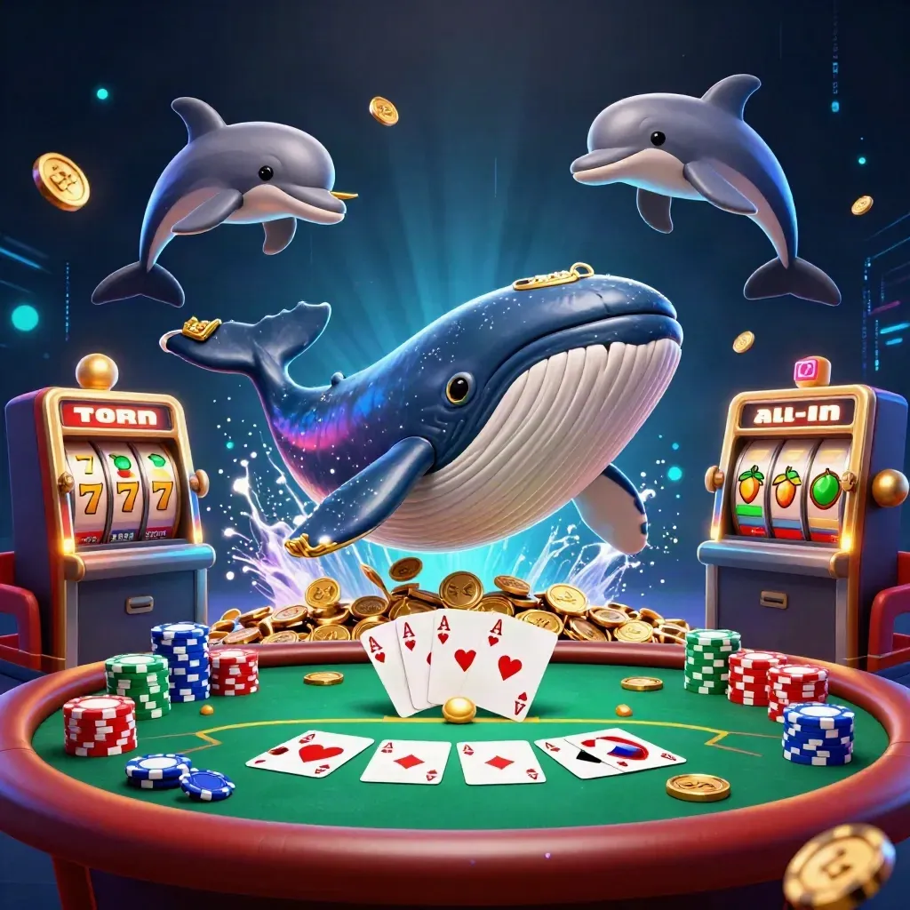 Wal-Kapitän, Narwal und Delfine wirbeln Pokerchips, Gold und Neonenergie.