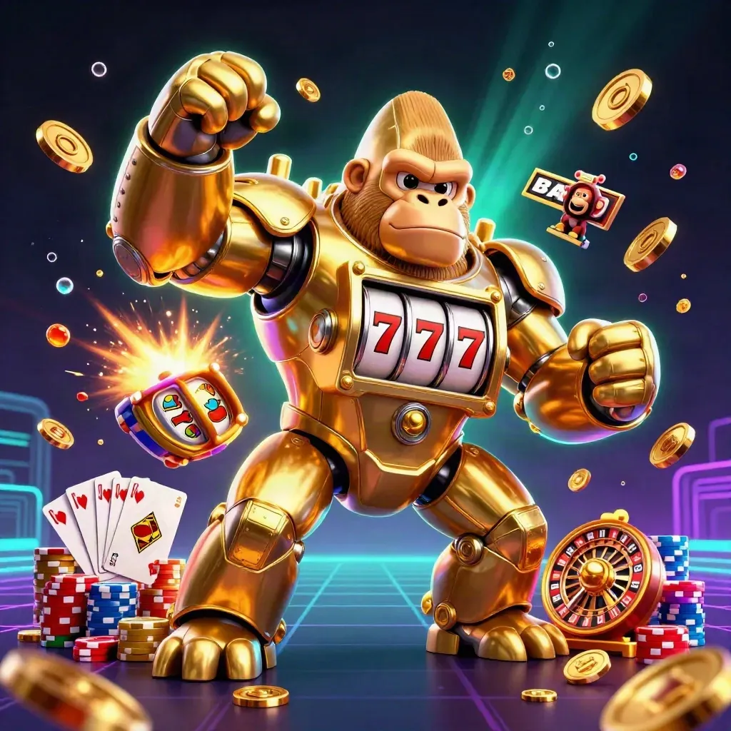Goldener Gorilla-Mech mit Affenpilot, Münzen, Chips, Karten und Roulette im Neonlicht