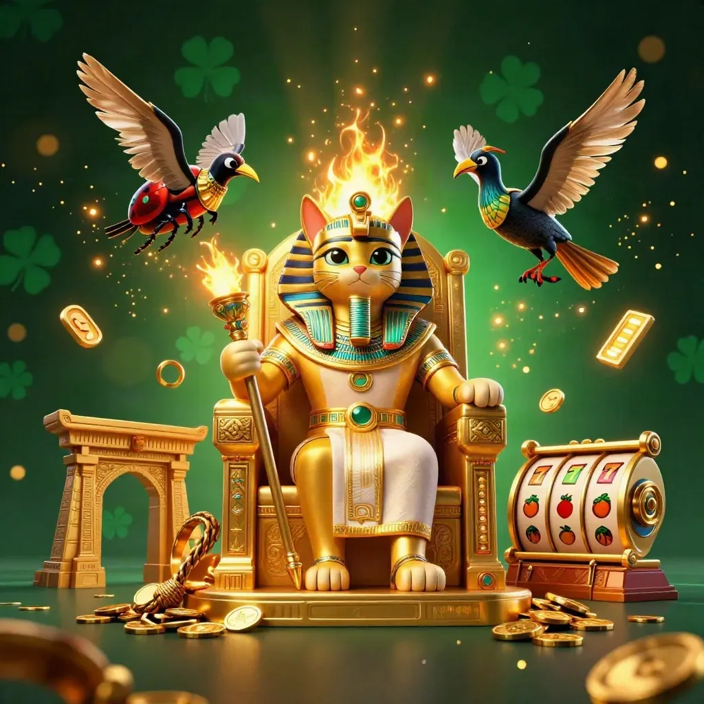 Pharaonenkatze, Ibis und Skarabäen in grün-goldenem Casino-Glanz