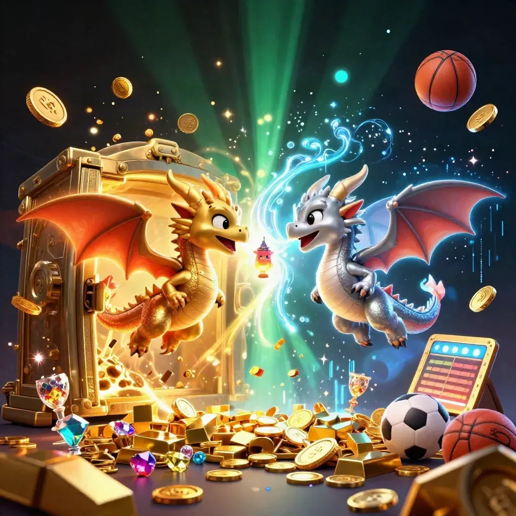 Goldener und silberner Drache wirbeln um ein leuchtendes Tresorportal mit Münzen und Sportballen.