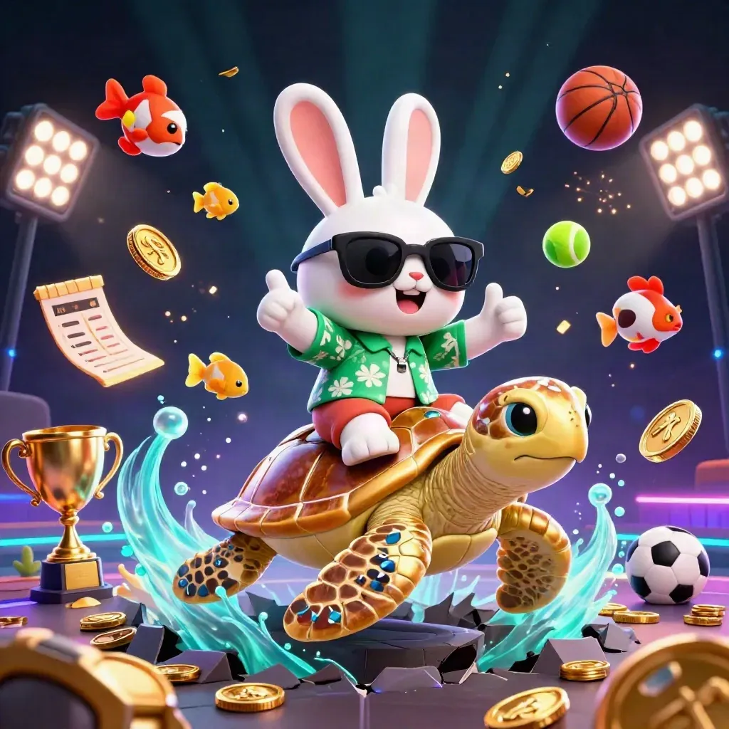 Hase auf Goldschildkröte, Münzen, Fisch, Pokal und Sportbälle im dunklen Neon-Meer.