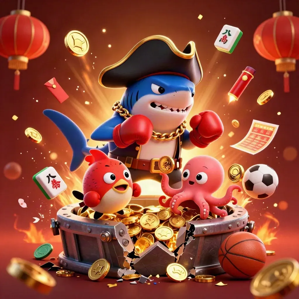 Shark-Pirat, Pufferfisch und Oktopus feiern mit Goldmünzen, Feuerwerk und Casino-Glanz.