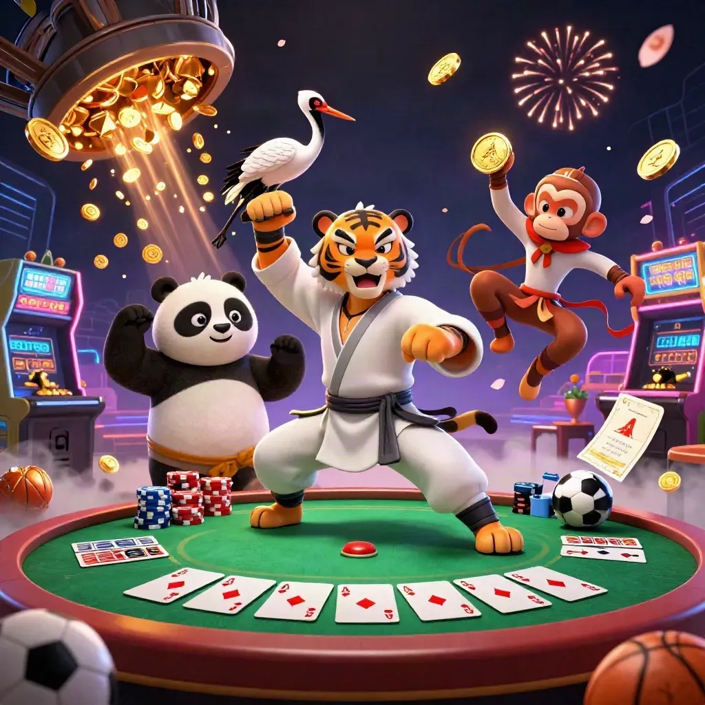 Kung-Fu-Tiger, Panda und Affe feiern mit Goldmünzen, Pokerchips und Neon-Feuerwerk.