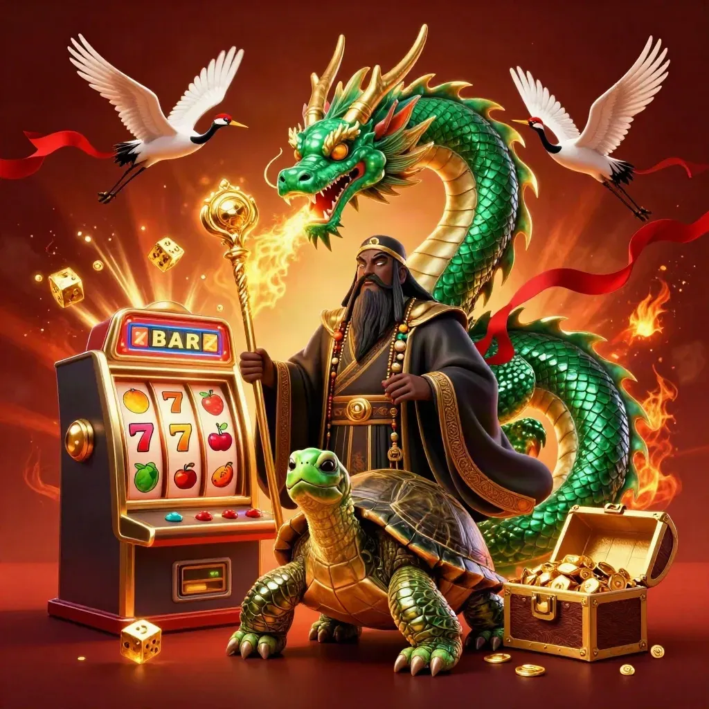 Jadegrüner Drache mit Schildkröte, Kranichen und Casino-Explosion im dunklen Goldrot.