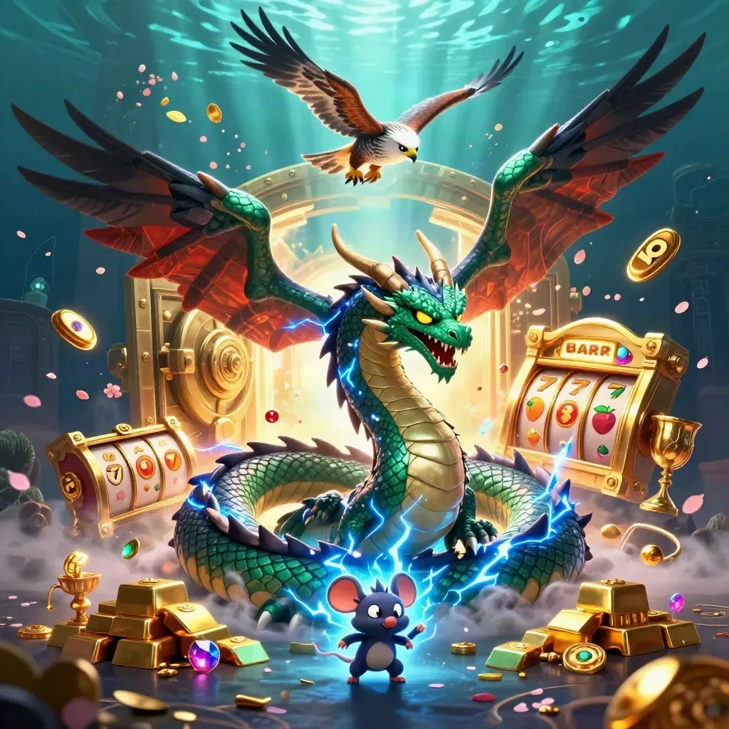 Thunderdrache, Windfalke und Maus vor Goldtresor, Blitzen und Casino-Licht