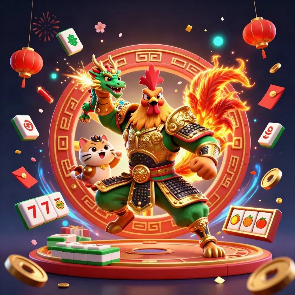 Rooster, Drachenbaby und Glückskatze vor rotem Runenrad, mit Münzen, Feuerwerk und Gold.