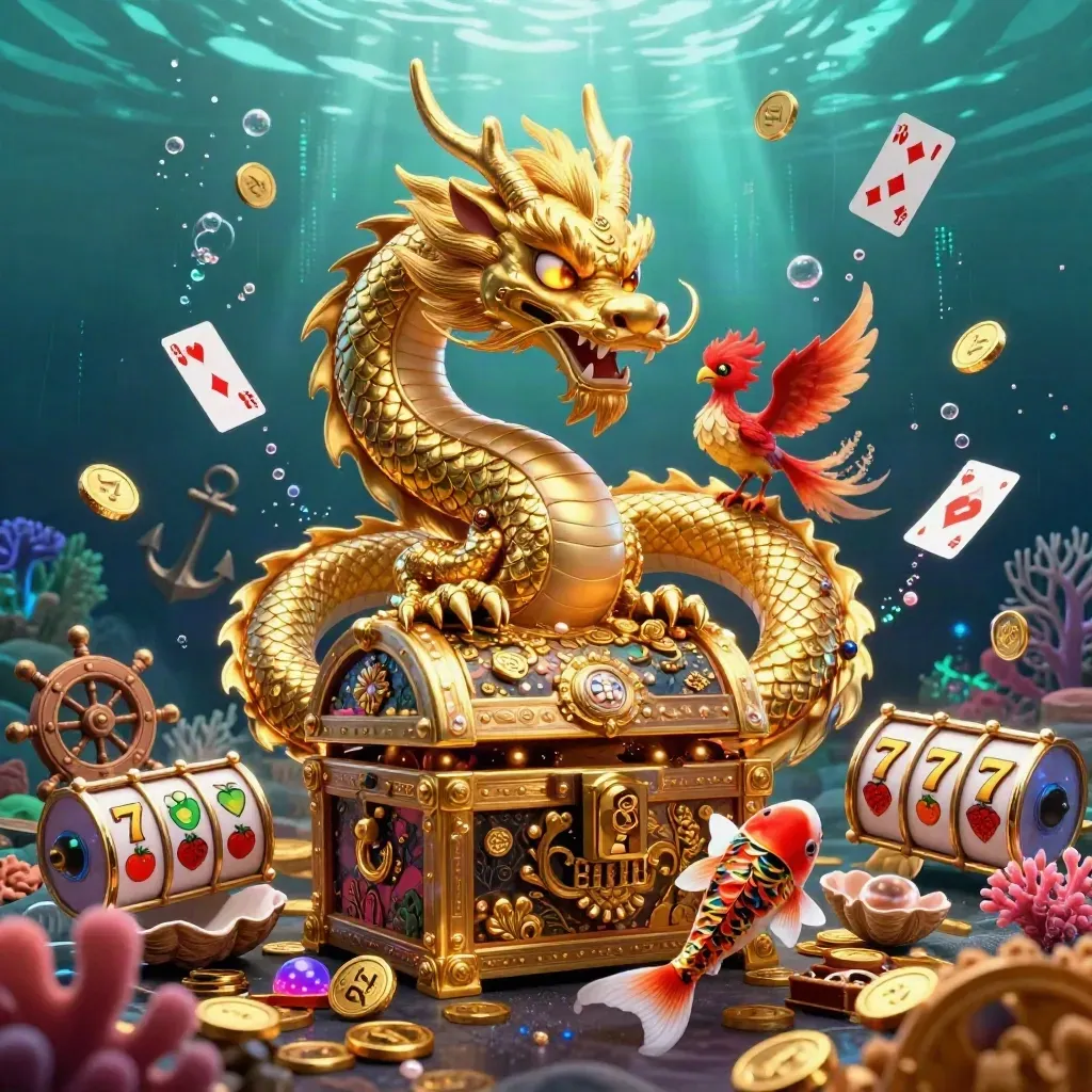 Goldener Drache mit Schatztruhe, rotem Phönix und Koi in einer Unterwasser-Kulisse.