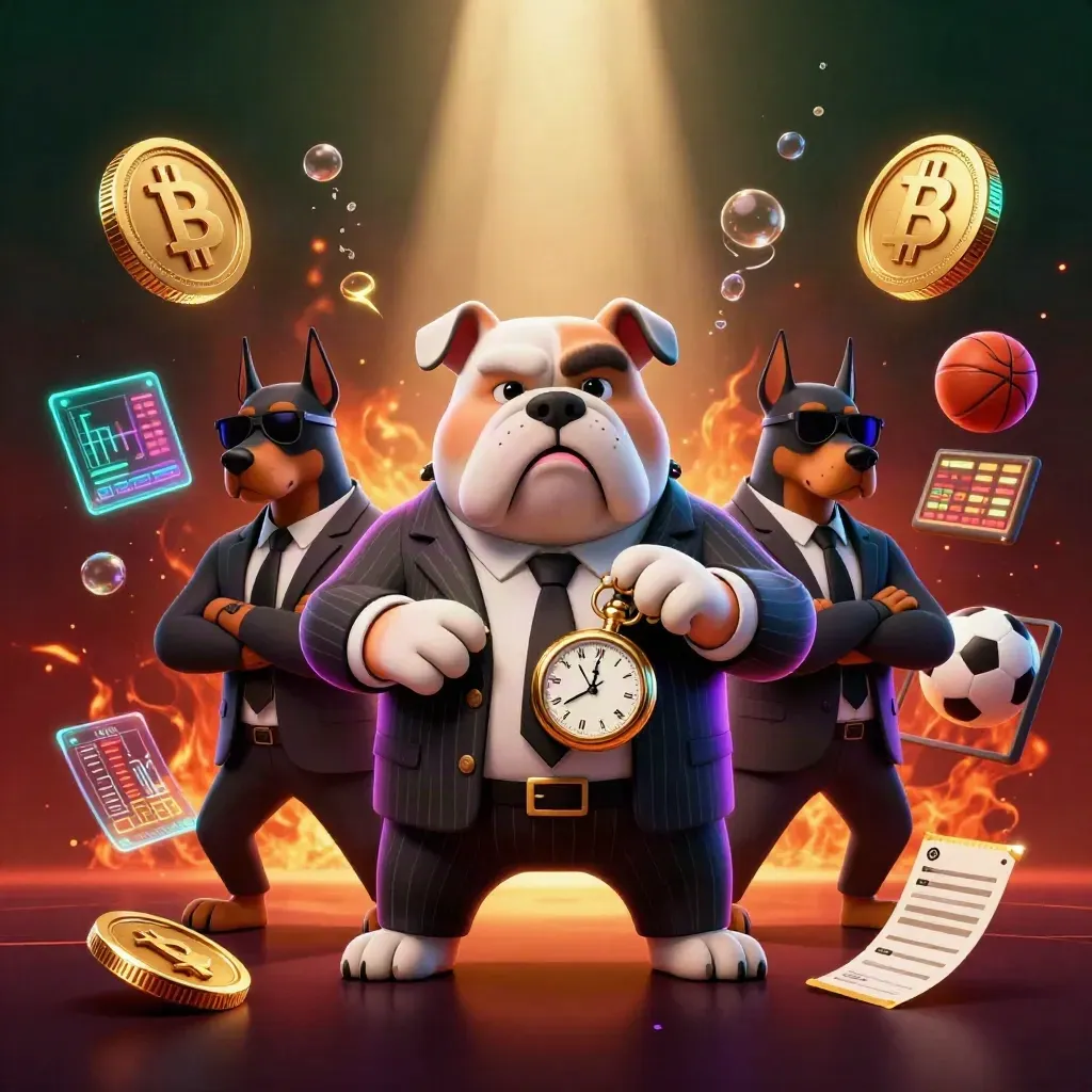 Mafiabulldogge mit zwei Dobermännern, Coins und Casino-Glanz im dunklen Premium-Stil