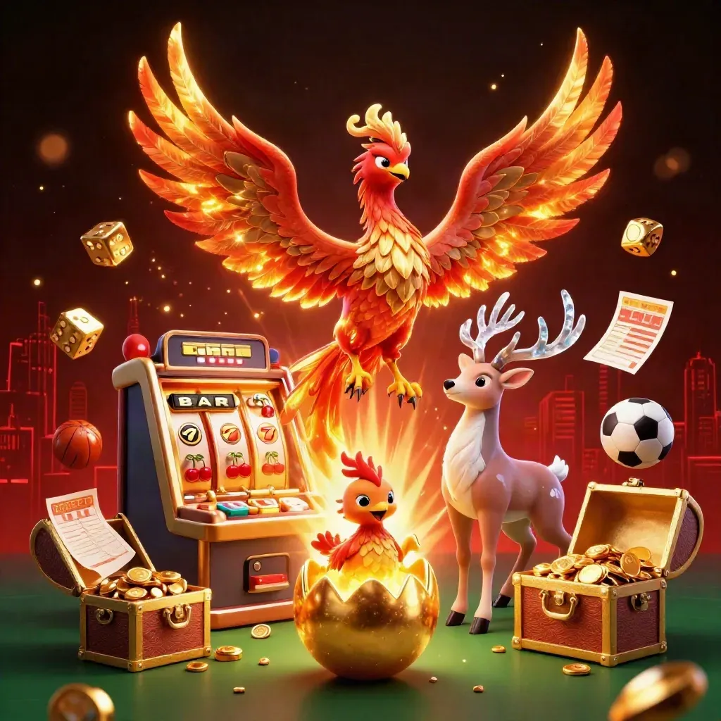Feuriger Phönix, Hirsch und Küken vor Slot, Gold und rotem Casino-Hintergrund.