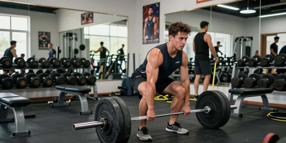 Bodybuilder im Steroidshop beim Training, hebt Gewichte in modernem Fitnessstudio.